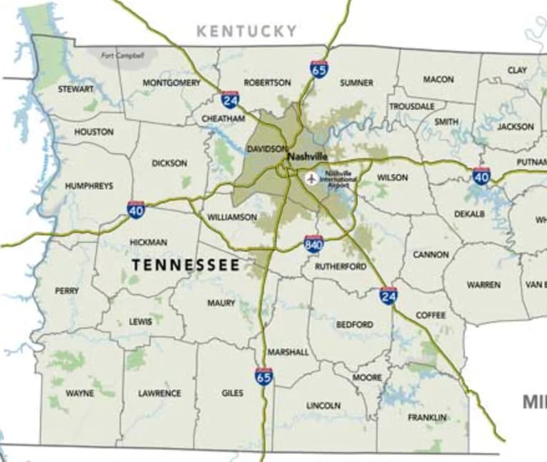 Map of Tennessee showing counties, major highways, and neighboring states Kentucky, Arkansas, Mississippi, and Georgia